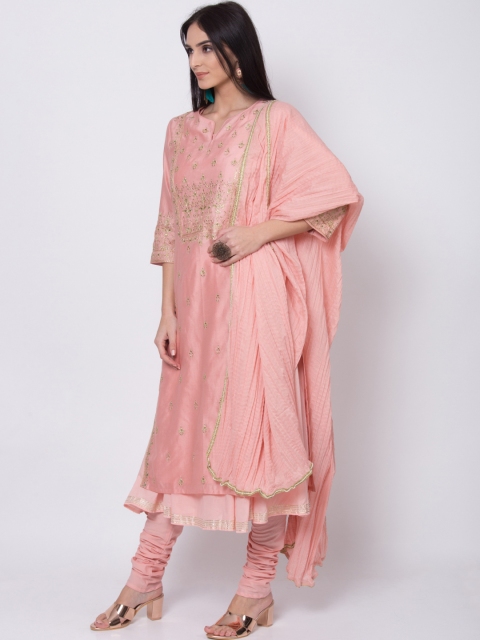 

Biba Women Pink Ethnic Motifs Embroidered Layered Pure Cotton Kurta with Churidar & With Dupatta