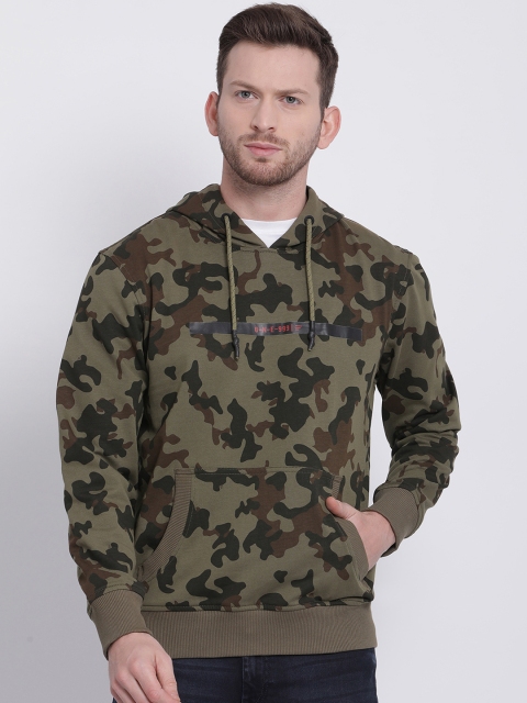 t-base Men Olive Green Printed Hooded Sweatshirt