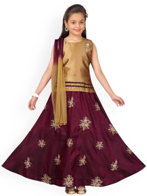 Aarika Girls Gold-Coloured & Burgundy Solid Ready to Wear Lehenga & Blouse with Dupatta
