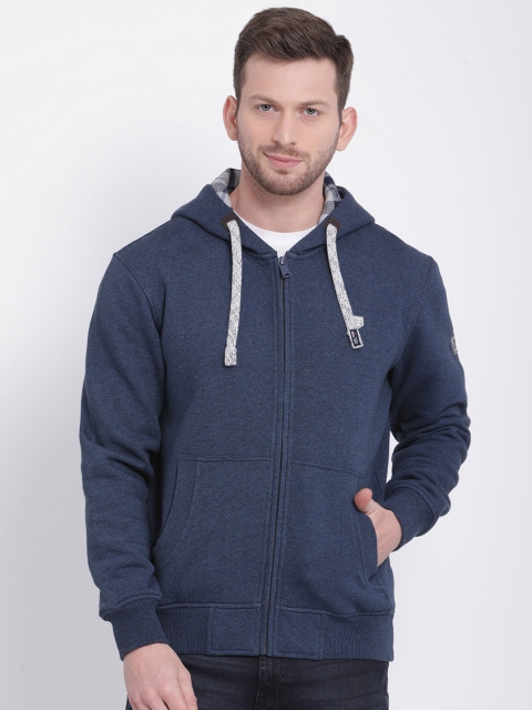 t-base Men Blue Solid Hooded Sweatshirt