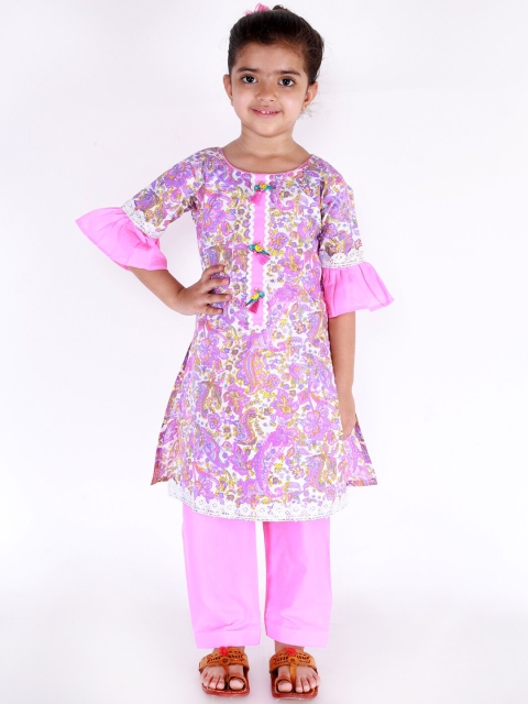 KID1 Girls White & Purple Printed Kurta with Trousers
