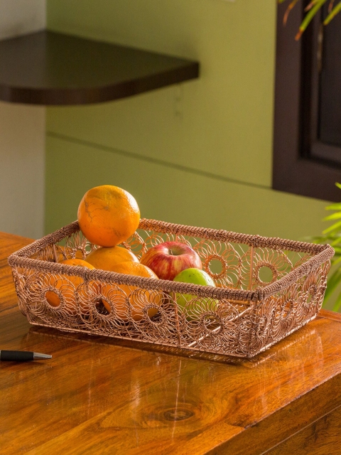 ExclusiveLane Copper-Toned Handwoven Floral Mesh Iron Fruit Basket