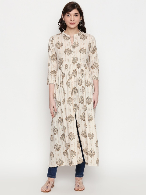 ZRI Women Off-White & Brown Floral Print A-Line Kurta