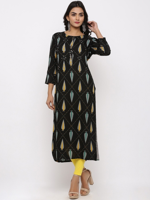 kipek Women Black & Yellow Printed Straight Kurta