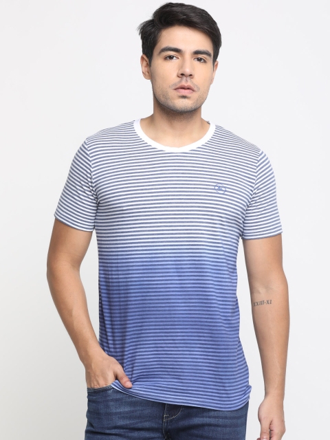 Masculino Latino Men Blue Striped Round Neck T-shirt