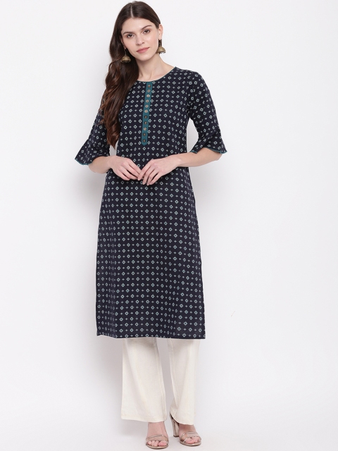 Napra Women Navy Blue Printed Straight Kurta