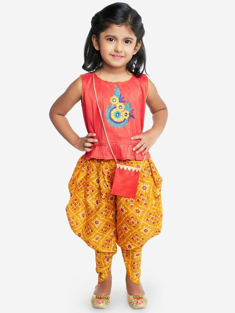KID1 Girls Red & Yellow Embroidered Top with Dhoti Pants