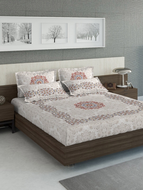 DDecor Red & White Floral 160 TC Cotton 1 King Bedsheet with 4 Pillow Covers