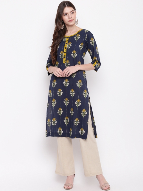 Napra Women Navy Blue & Yellow Printed Straight Kurta