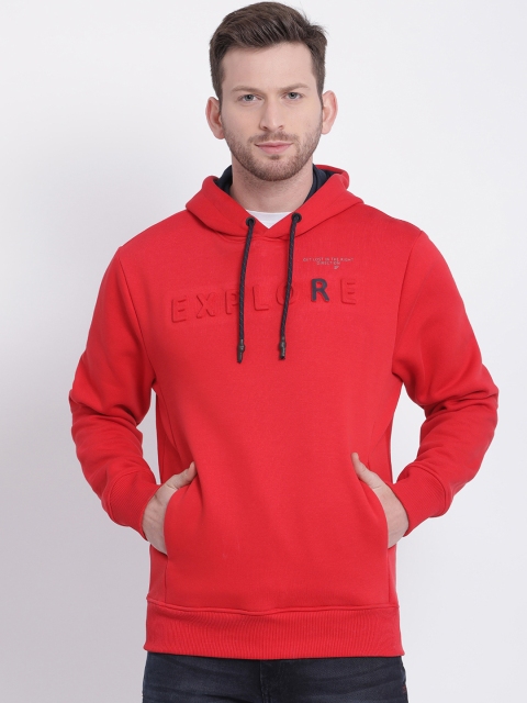 t-base Men Red Self Design Hooded Sweatshirt