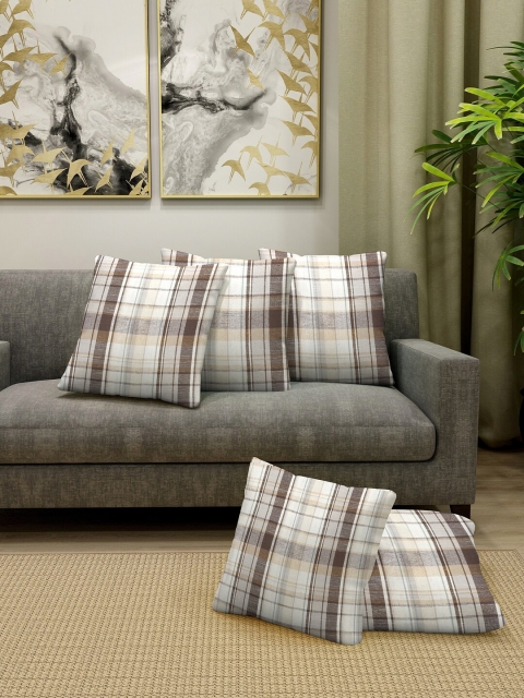 KLOTTHE Set Of 5 Off-White & Brown Checked Square Cushions