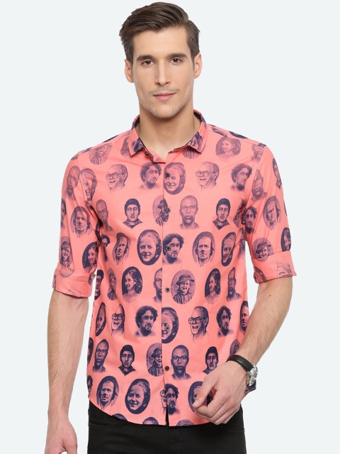 WITH Men Pink & Navy Blue Slim Fit Printed Casual Shirt