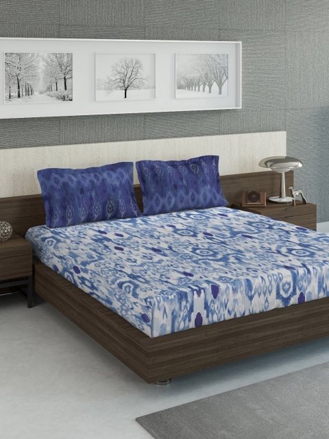 DDecor Blue Abstract 140 TC Cotton 1 Queen Bedsheet with 2 Pillow Covers