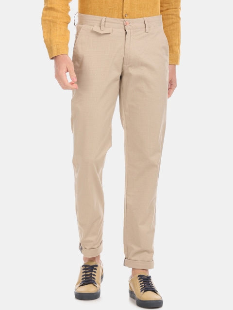 True Blue Men Beige Slim Fit Self Design Regular Trousers