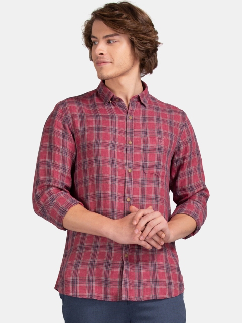 True Blue Men Red & Blue Slim Fit Checked Linen Casual Shirt