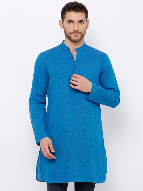 SALWAR STUDIO Men Blue Solid Handloom Straight Kurta