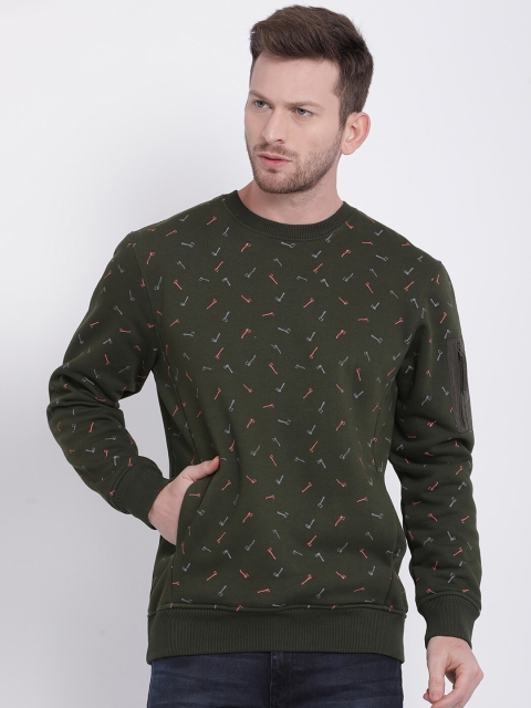 t-base Men Olive Green & Pink Printed Sweatshirt