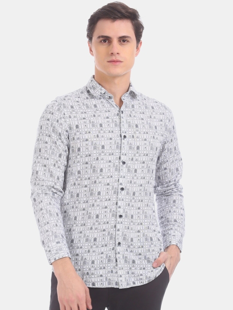 True Blue Men White & Grey Slim Fit Printed Casual Shirt