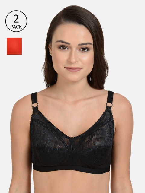 mod & shy Black & Red Pack of 2 Solid Non-Wired Non Padded Minimizer Bra MS15685