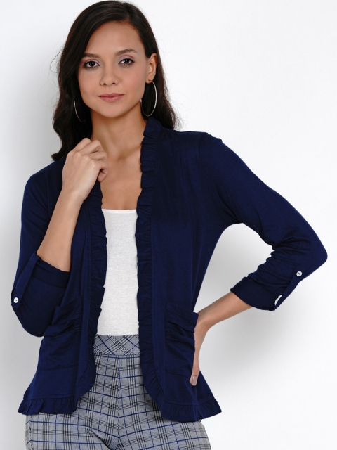 Latin Quarters Women Navy Blue Solid Open Front Shrug