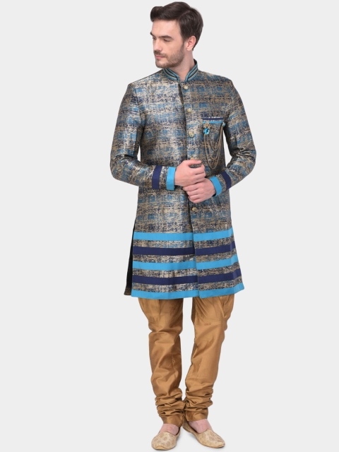 SG RAJASAHAB Men Turquoise Blue & Brown Sherwani Raw Silk Set