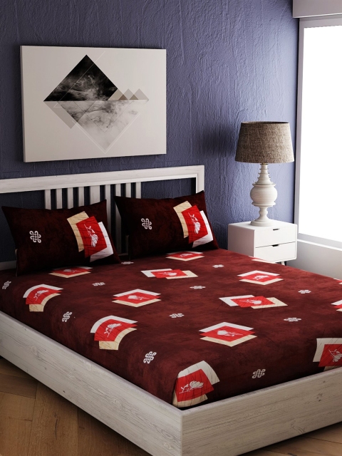 EverHOME Maroon & White Floral 250 TC Cotton 1 King Bedsheet with 2 Pillow Covers