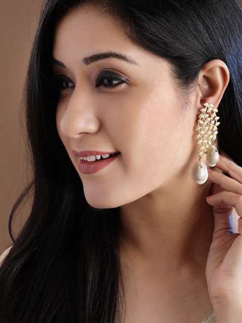 Rubans Gold-Plated & White Leaf Shaped Drop Earrings