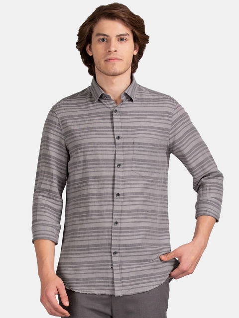 True Blue Men Grey Slim Fit Striped Casual Shirt