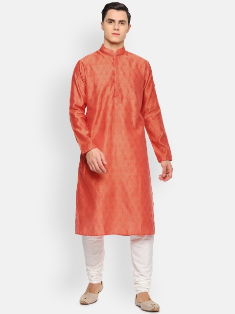 Louis Philippe Men Orange & White Woven Design Kurta with Pyjamas