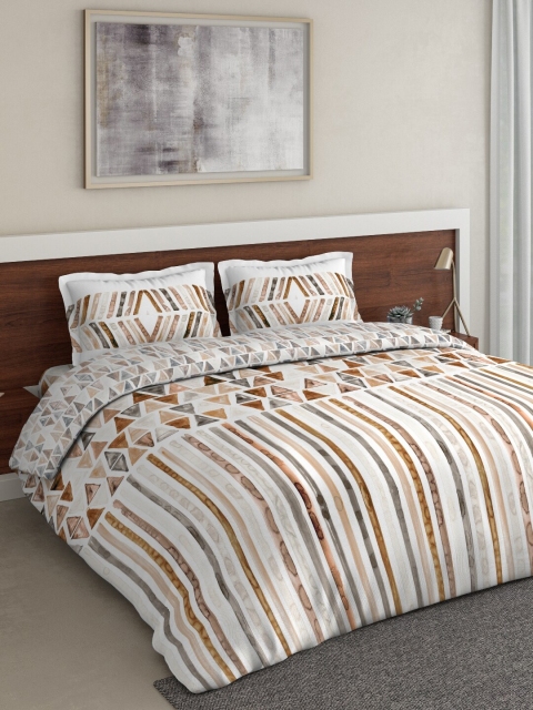 DDecor White & Brown Geometric Printed Double Queen Bedding Set