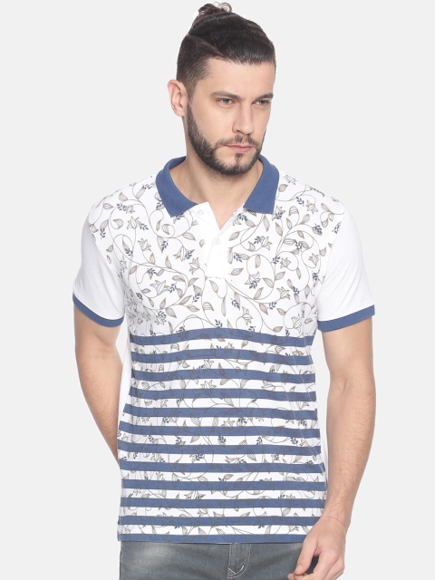Steenbok Men White & Grey Floral Print Polo Collar T-shirt