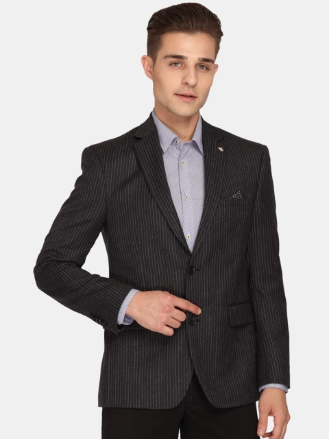 Theme Men Black Striped Single-Breasted Pure Woolen Blazer
