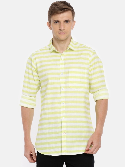 Cross Court Men Yellow Regular Fit Striped Casual Shirt