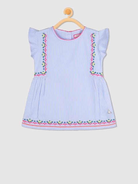 Cherry Crumble Girls Blue Striped Embroidered Top