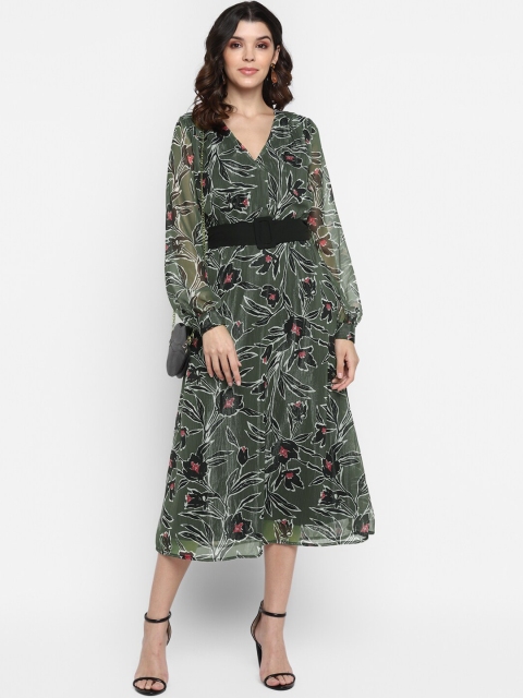 MIAMINX Women Olive Green & Black Floral Printed Wrap Dress