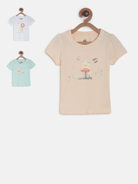 MINI KLUB Girls Pack Of 3 Printed Pure Cotton Top, Green