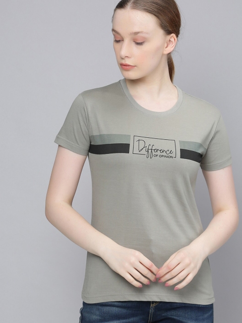 Difference of Opinion Women Grey Brand Logo Print Round Neck T-shirt