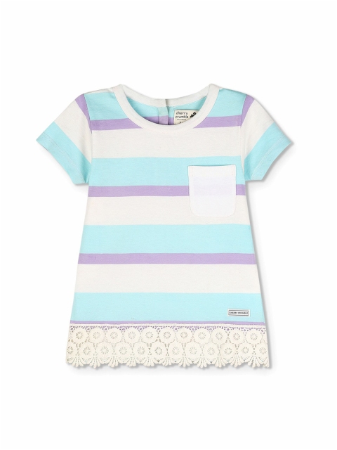 Cherry Crumble Girls Off-White & Purple Striped Top With Lace Detailing
