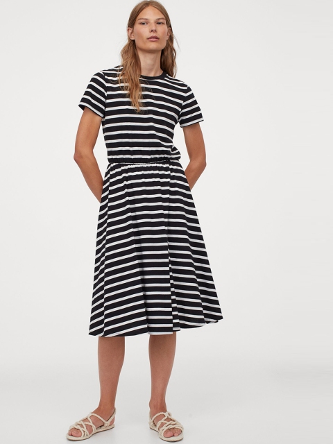 H&M Women White & Black Striped Jersey Dress