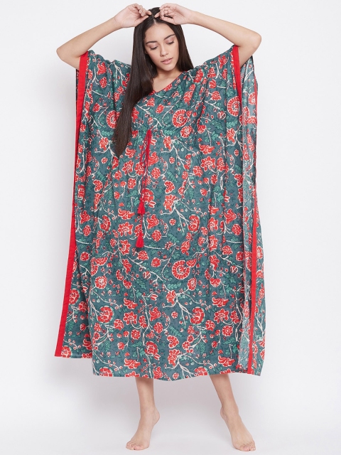 The Kaftan Company Teal Blue & Red Floral Printed Nightdress