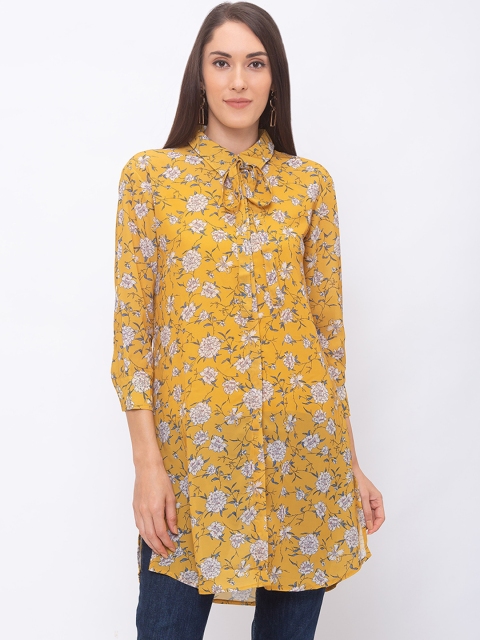 Globus Women Yellow & White Floral Printed Shirt Style Pure Cotton Top