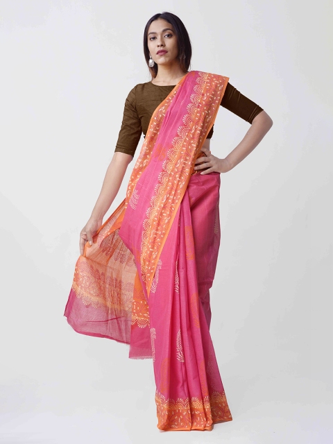 Unnati Silks Pink & Orange Organza Printed Kota Saree