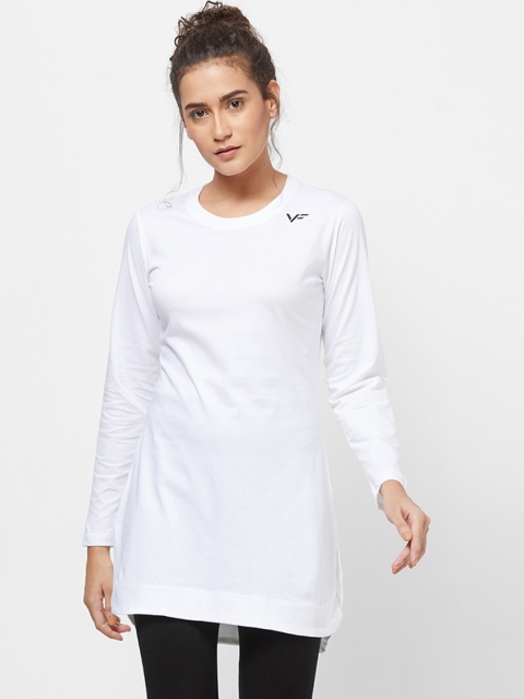 Vero Forza Women White Solid Round Neck Longline Sports T-shirt