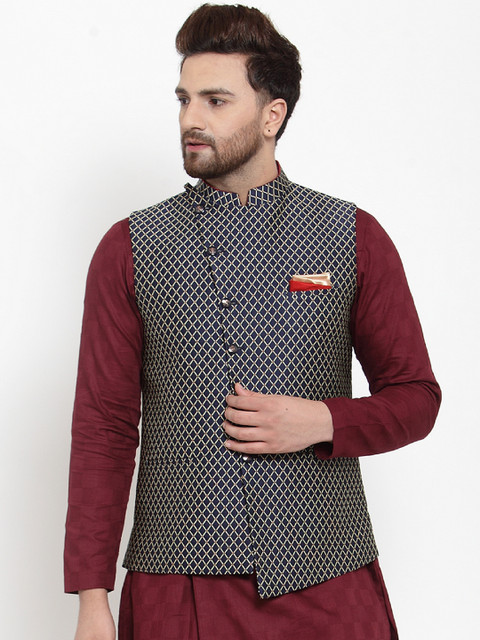 MAXENCE Navy Blue Woven Design Nehru Jacket
MAXENCE Navy Blue Woven Design Nehru Jacket