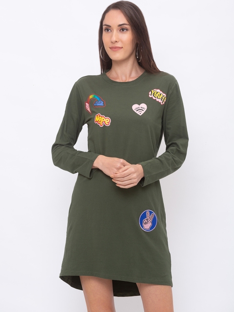 Globus Women Olive Green Solid Knitted T-shirt Dress