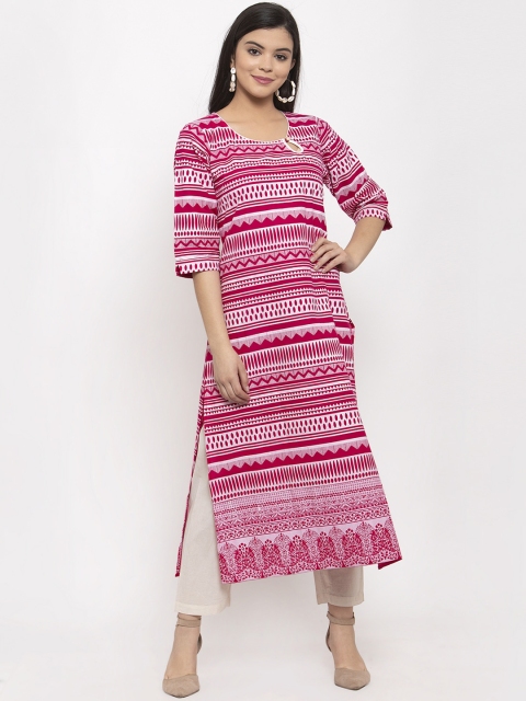 Aujjessa Women Magenta & White Printed Straight Kurta