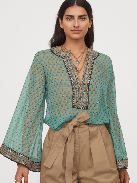H&M Women Turquoise Blue And Yellow Floral Printed Top