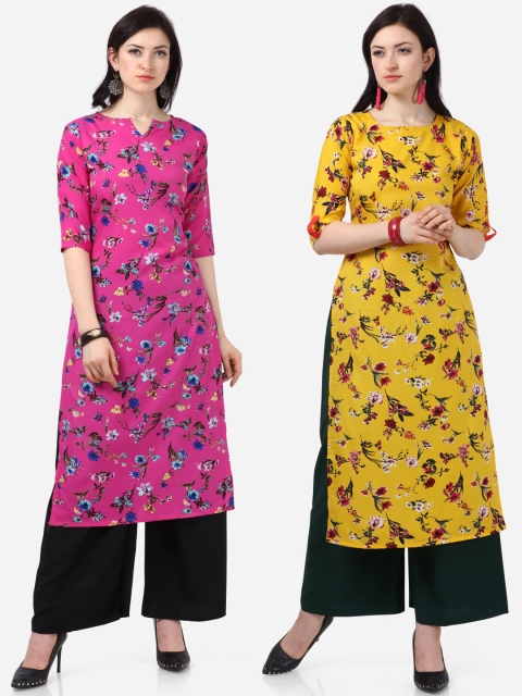 Silk Bazar Women Pink & Yellow Set of 2 Floral Print Straight Kurta
