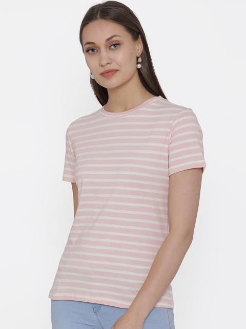 DOOR74 Women Pink & White Striped Round Neck T-shirt