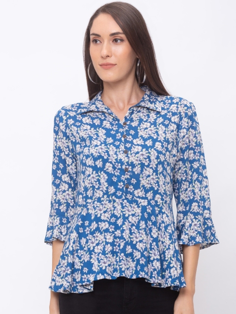 Globus Women Blue & Grey Printed Shirt Style Top